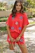 Orange Sequin USA Flag Star Graphic Corded T Shirt and Shorts Set